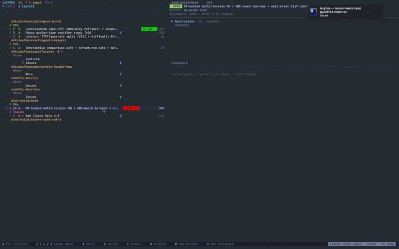 lazybox inbox with repository workspaces in the sidebar, activity in the upper-right pane, and embedded agent terminals below